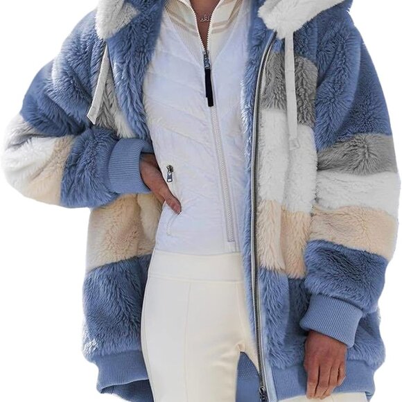 Womens 2025 Winter Fuzzy Fleece Jacket Hooded Color Block Patchwork Cardigan Coa - Picture 1 of 4